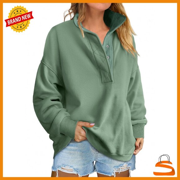 Tops - Oversized Henley Pullover Sweatshirt Loose Fit Button Collar Long Sleeve
